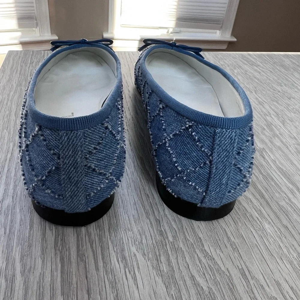 CHANEL Blue Denim and Black Cap-Toe Bow Flats